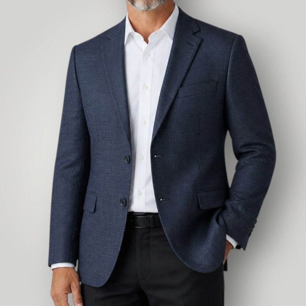 JOSEPH & FEISS Mens Blazer 44L WOOL Navy Sport Coat Two Button Jacket Windowpane